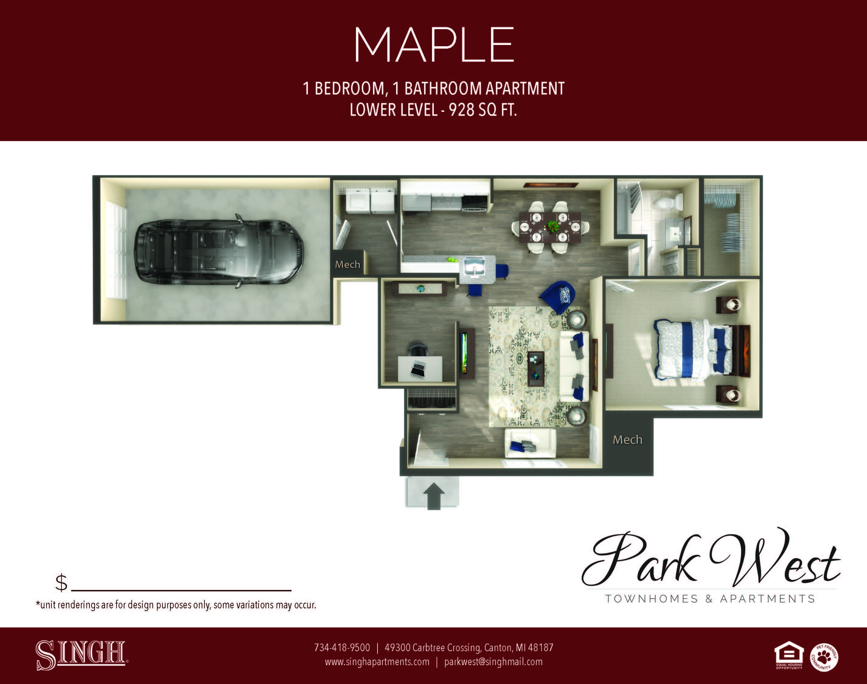 Floor plan for 1 bed, 1 bath, 928 sqft